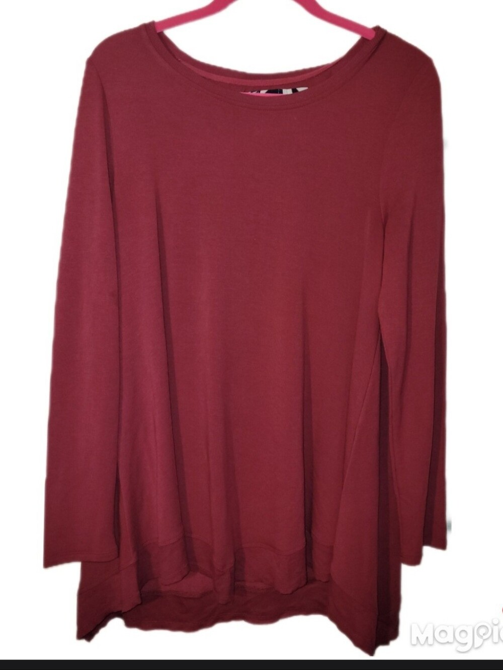 Cupio Sweater Lg Wine Light Weight Jersey Knit Popover Layered Hem Boho Tunic